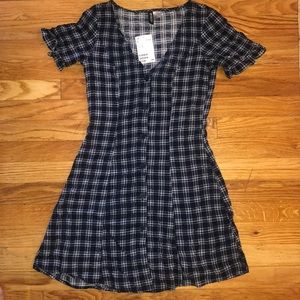navy plaid button up dress